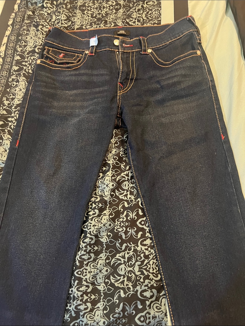 True Religion ROCCO Dark Blue Straight Leg Jeans with Red Accents
